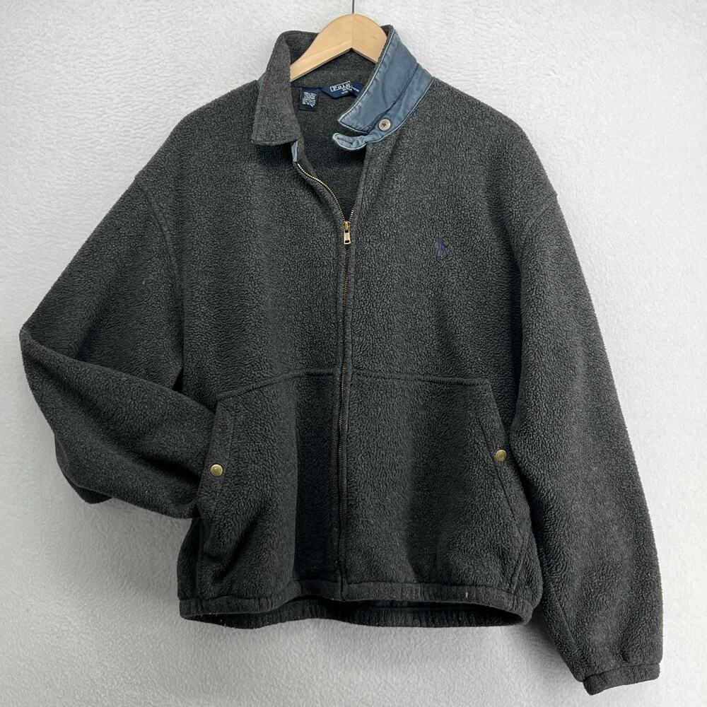 POLO RALPH LAUREN Fleece Mens XL Full Zip Jacket Denim Trim Gray USA VTG